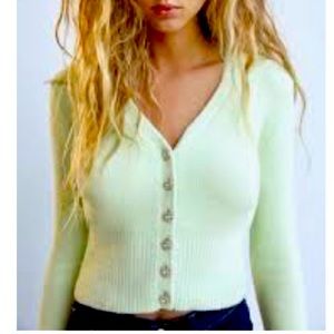 Zara Soft Feel Knit Sweater with Jewelled Buttons, Mint Green - Medium